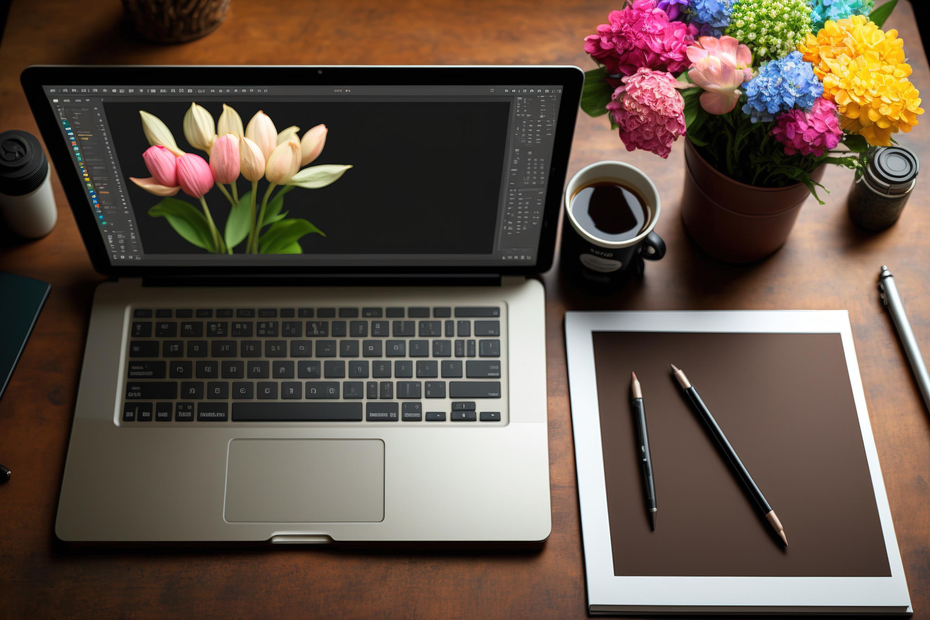 Creative desk setup with laptop and editing workspace